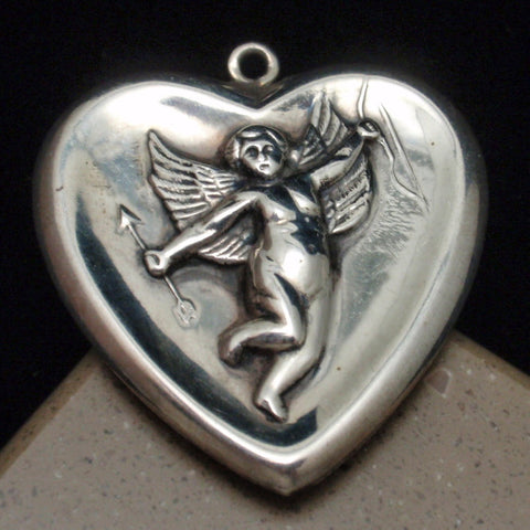 Oversized Heart Charm with Cupid Vintage Sterling Silver
