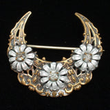 Crescent with Daisy Flowers Pin Vintage Mixed Metals Rhinestones