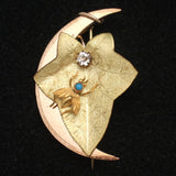 Insect & Dewdrop on a Leaf Pin Victorian Gold Filled w/ Paste
