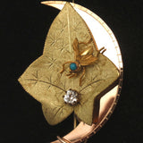 Insect & Dewdrop on a Leaf Pin Victorian Gold Filled w/ Paste