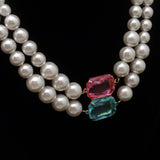 Double Strand Imitation Pearl Necklace with Two Color Enhancer Pendant