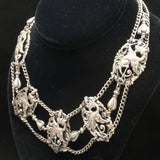 Dragons Necklace 3-Strands Swag Vintage Silver Tone