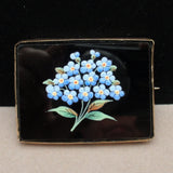 Forget-Me-Not Flowers Painted on Black Glass Victorian Brooch Pin