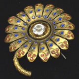 Flip Flower Pin Vintage Enamel Antique Goldtone Center Rhinestone Moves