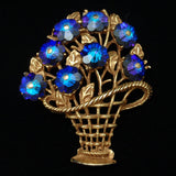 Basket of Flower Brooch Pin Vintage Royal Blue Vitrail Blossom Shaped Stones