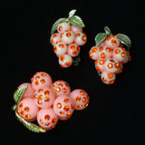 Forbidden Fruit Pin & Earrings Set Rhinestones Lucite Pink Grapes Vintage