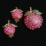 Forbidden Fruit Pin & Earrings Set Rhinestones Lucite Hot Pink Stones Vintage