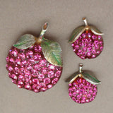 Forbidden Fruit Pin & Earrings Set Rhinestones Lucite Hot Pink Stones Vintage