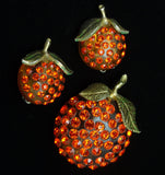 Forbidden Fruit Pin & Earrings Set Rhinestones Lucite Oranges Vintage