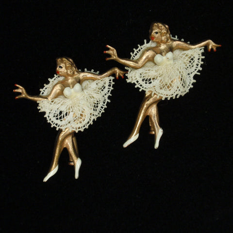 Pair of Ballerina Scatter Pins Lace Tutus Handmade Paris Vintage
