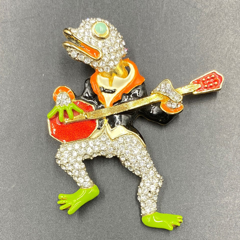 Frog Playing Banjo Rhinestone and Enamel Figural Brooch