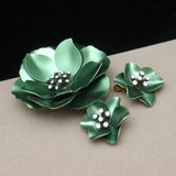 Deep Green Flower Pin & Earrings Set with Rhinestones Vintage