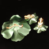 Deep Green Flower Pin & Earrings Set with Rhinestones Vintage