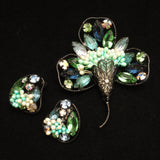 Japanned Tussey Mussey Flower Set Brooch Pin Earrings Vintage Tussy Mussy