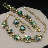 Necklace Bracelet Earrings Set Vintage Large Link Triangle Stone