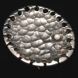 Modernist Dimpled Hammered Sterling Silver Tray Pin with Pearl Vintage