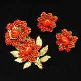 Miriam Haskell Set Red Glass Flowers Pin & Earrings Vintage