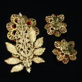 Miriam Haskell Set Red Glass Flowers Pin & Earrings Vintage