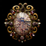 Hobe Pin Vintage Purple Crackle Art Glass Brooch Rhinestones Enamel Pendant Bail