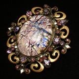 Hobe Pin Vintage Purple Crackle Art Glass Brooch Rhinestones Enamel Pendant Bail