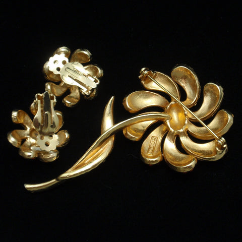 HollyCraft Gold Tone Brown Enamel and Rhinestone Swirled Flower Pin