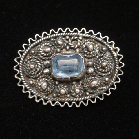 Oval Pin 935 Silver Blue Stone Israel Vintage