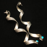 Southwestern Chased Sterling Silver & Turquoise Spiral Earrings 4 1/2" Long JLG