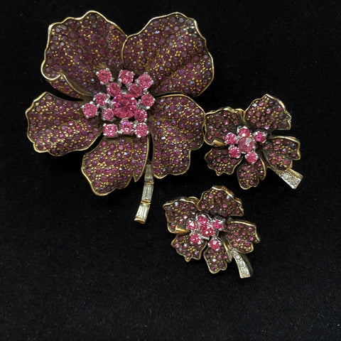 Jomaz Brooch Pin Earrings Set Vintage Purple Pink Flowers