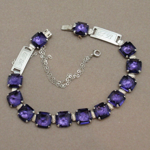 Sweetheart Bracelet Vintage Purple Rhinestones & Sterling Silver Engraved