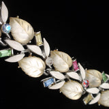 Lisner Parure Necklace Bracelet Earrings Rhinestones Leaf Stones Enamel