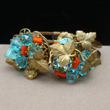 Ornate Clamper Bracelet Crystals Coral Foliate Design Vintage