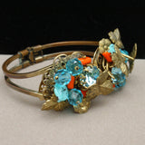 Ornate Clamper Bracelet Crystals Coral Foliate Design Vintage