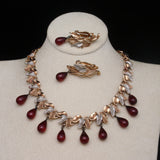 Red Teardrops 2 Color Metal Necklace Earrings Set Vintage