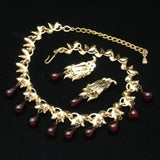 Red Teardrops 2 Color Metal Necklace Earrings Set Vintage