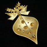 Christmas Ornament Brooch Pin Rhinestones Gold Tone Metal Xmas