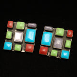 Color Block Earrings Vintage Sterling Silver Grid Mexico ATI Clips