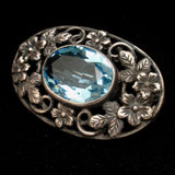 Faceted Blue Rhinestone Pin Silver Tone Open Work Floral Vintage Oval