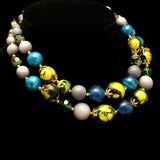 Double Strand Necklace Chartreuse Lime Lavender Azure Beads Vintage