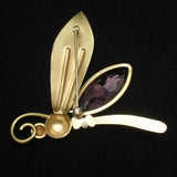 Dragonfly Pin Vintage Brass with Large Glass Stones Insect Brooch
