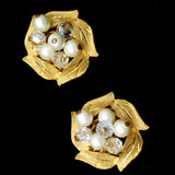 Flower Earrings Imitation Pearls Aurora Borealis AB Stones Vintage Clips