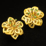Flower Earrings Yellow Enamel Green Rhinestones Spring Summer Vintage Clips