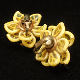 Flower Earrings Yellow Enamel Green Rhinestones Spring Summer Vintage Clips