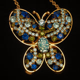 Butterfly Pendant Necklace Blue Rhinestones and Art Glass