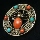 Spider Brooch Pin Silver Coral Turquoise