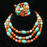 Coral Turquoise Opal Glass Necklace Earrings Set
