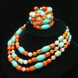 Coral Turquoise Opal Glass Necklace Earrings Set