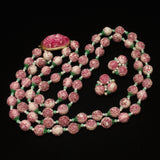 Pink Flower Beads Double Strand Necklace & Earrings Set