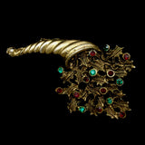 Christmas Holly Cornucopia Pin Vintage Brooch Rhinestones Xmas