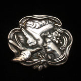 Art Nouveau Pin Vintage Sterling Silver Brooch Woman Profile Swallow Bird