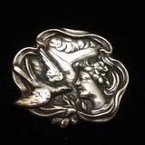 Art Nouveau Pin Vintage Sterling Silver Brooch Woman Profile Swallow Bird